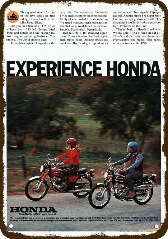 1974 HONDA Scrambler & Super Sport 175 Motorcycle DECORATIVE REPLICA METAL SIGN