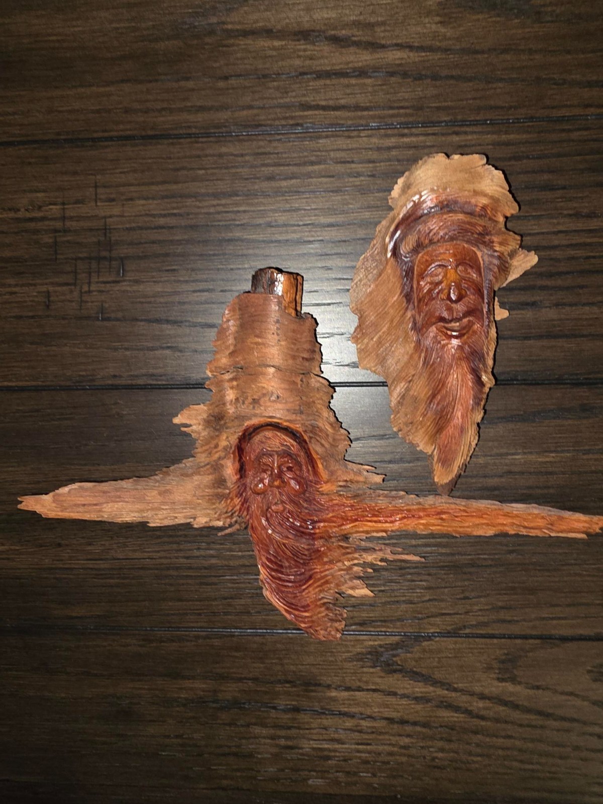 2 Small Hand Carved  Wall Wood Tree Spirits