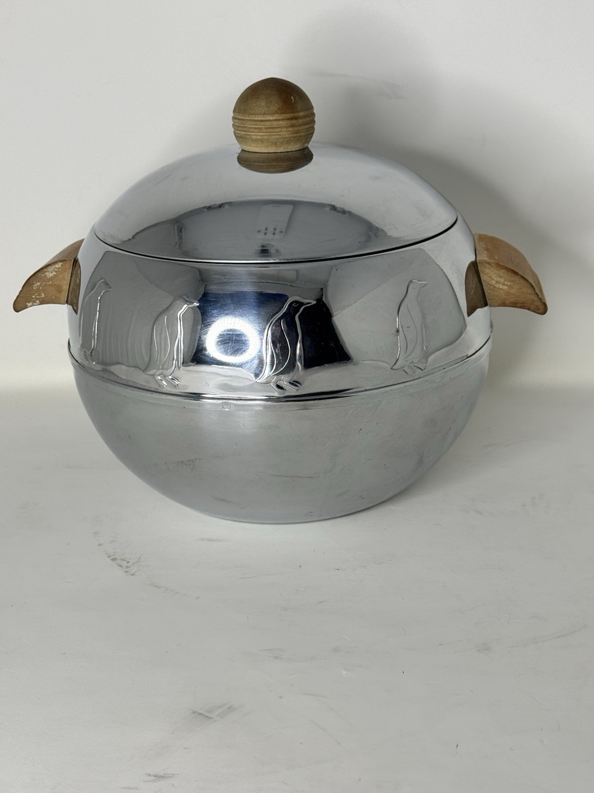 VTG West Bend Penguin Hot Cold Server Aluminum Ice Bucket Wood Handle MCM 1960s