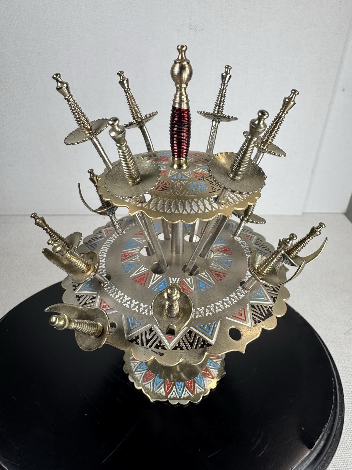 Vintage Toledo Spain Cocktail Sword Picks Set Decorative Metal Stand Enamel