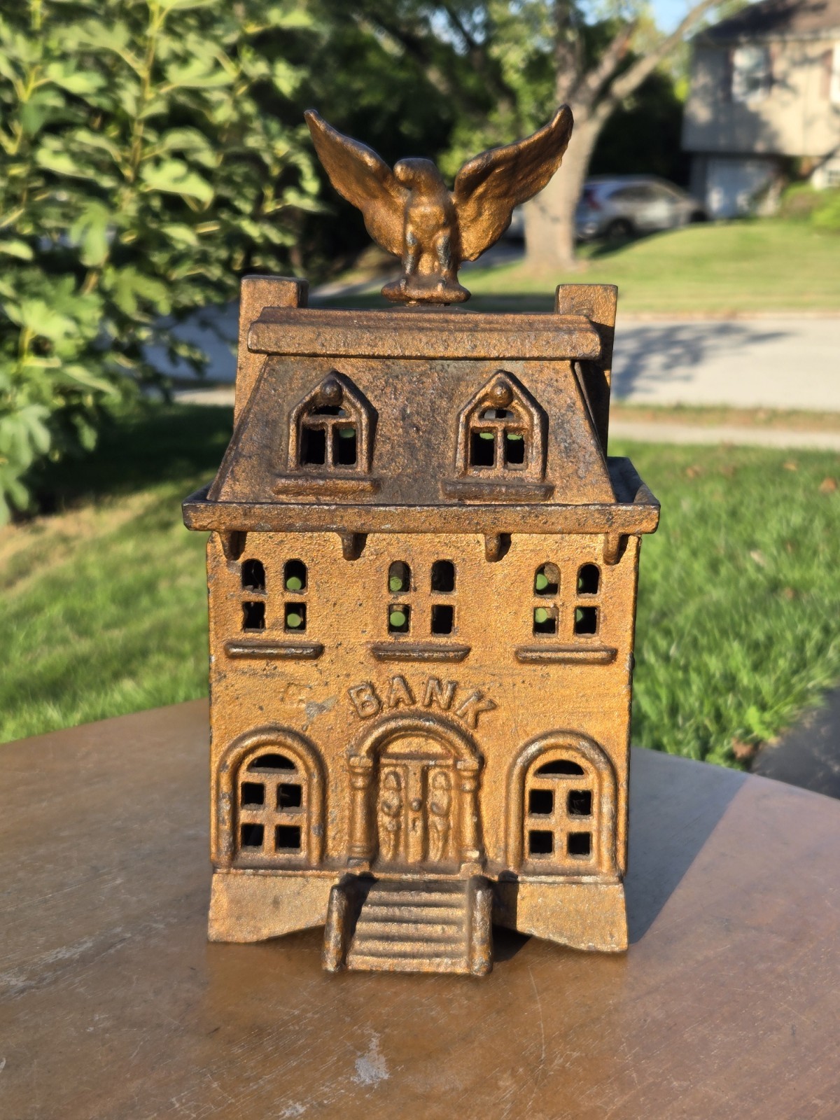 Antique Cast Iron Coins Bank w/ Eagle on a roof Civil War Era Collectible