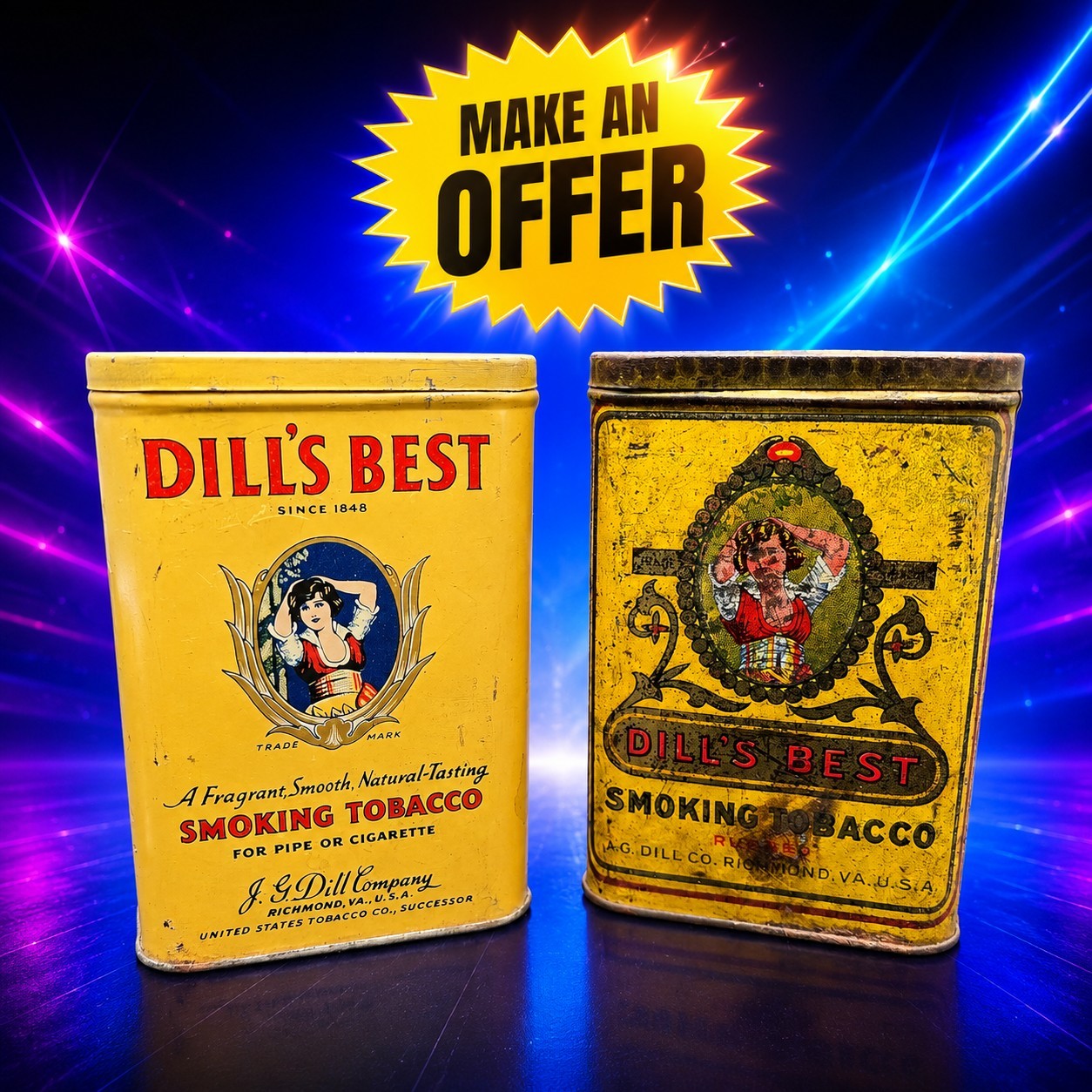 Vintage Dill’s Best Tobacco Tin Lot of 2 Yellow J.G. Dill Richmond VA Rare