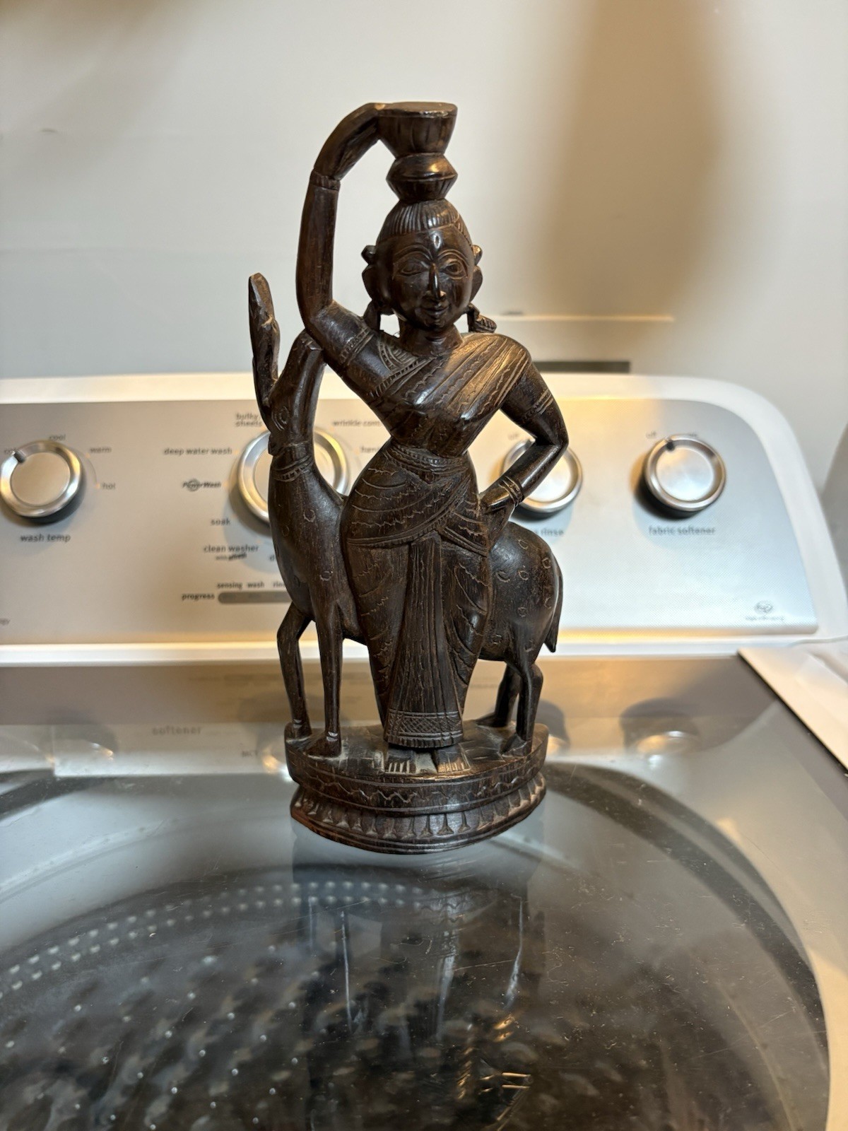 Vintage Hand carved Wooden Statue Of Woman With Animal
