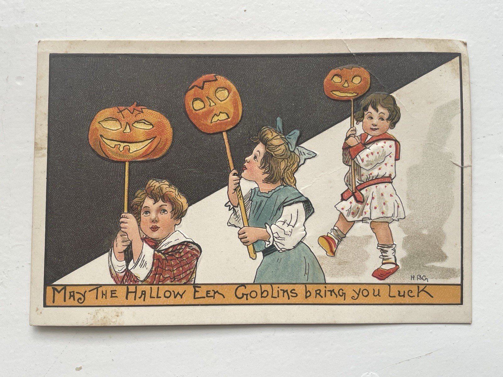 Antique 1909 Halloween Postcard Embossed Children Pumpkin L&E Germany HBG
