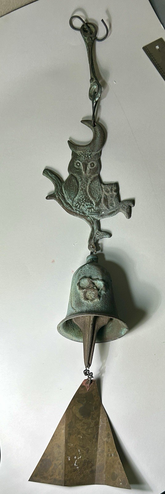 Vintage 28” Paolo Soleri Cosanti Cast Bronze Crescent Moon Owl Wind Bell Chime