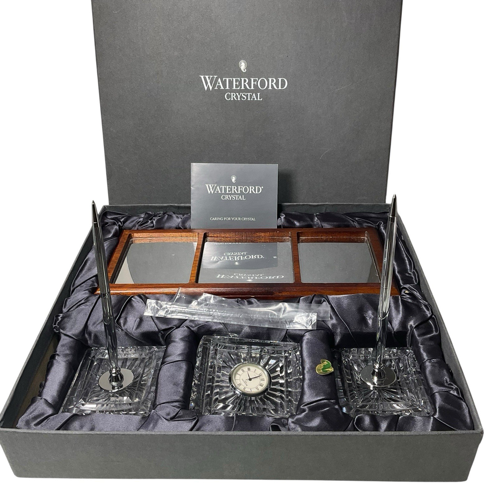 VTG Waterford Crystal Executive Desk Clock with Pens Mirror Base & Box Ireland