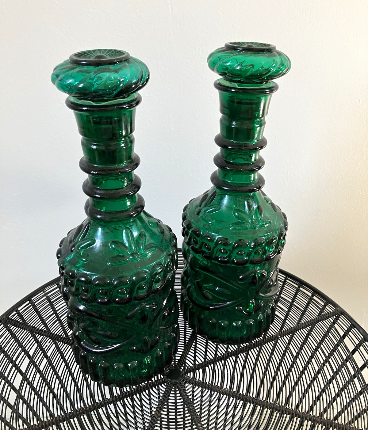 Vintage 1968 Jim Beam Emerald Green Glass Decanter Bottles with Stoppers Pair 