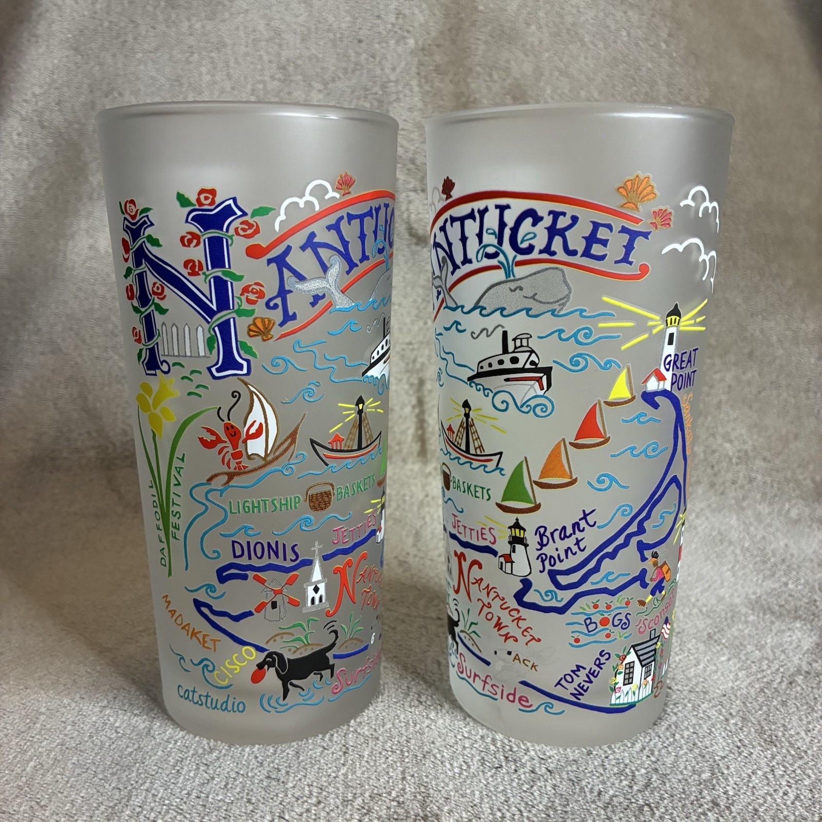 Set Of 2 Catstudio “Nantucket” Souvenir Frosted Glass Tumblers 15oz 2022