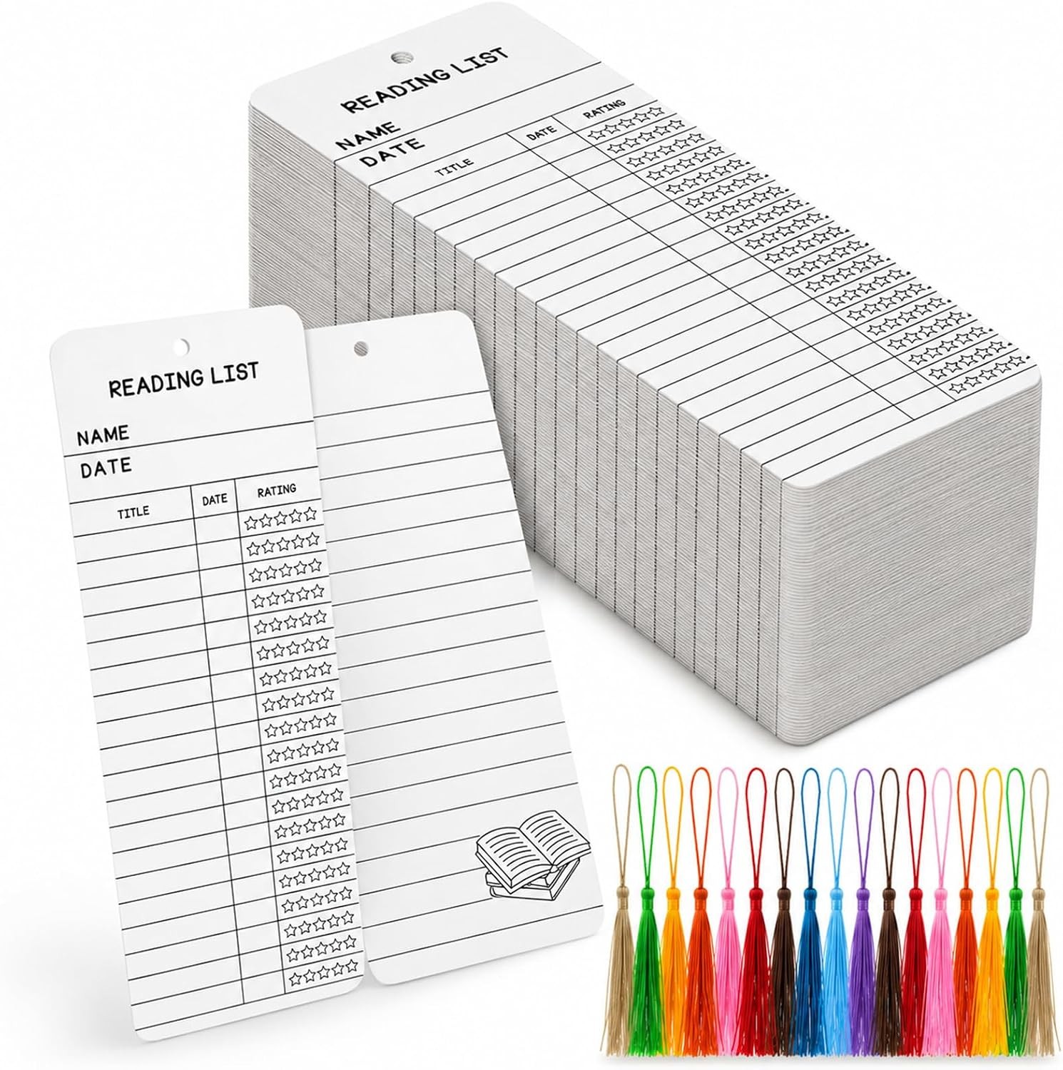 100 Sets 3x8 Inch White Reading List Bookmarks Tassels Library Card Log