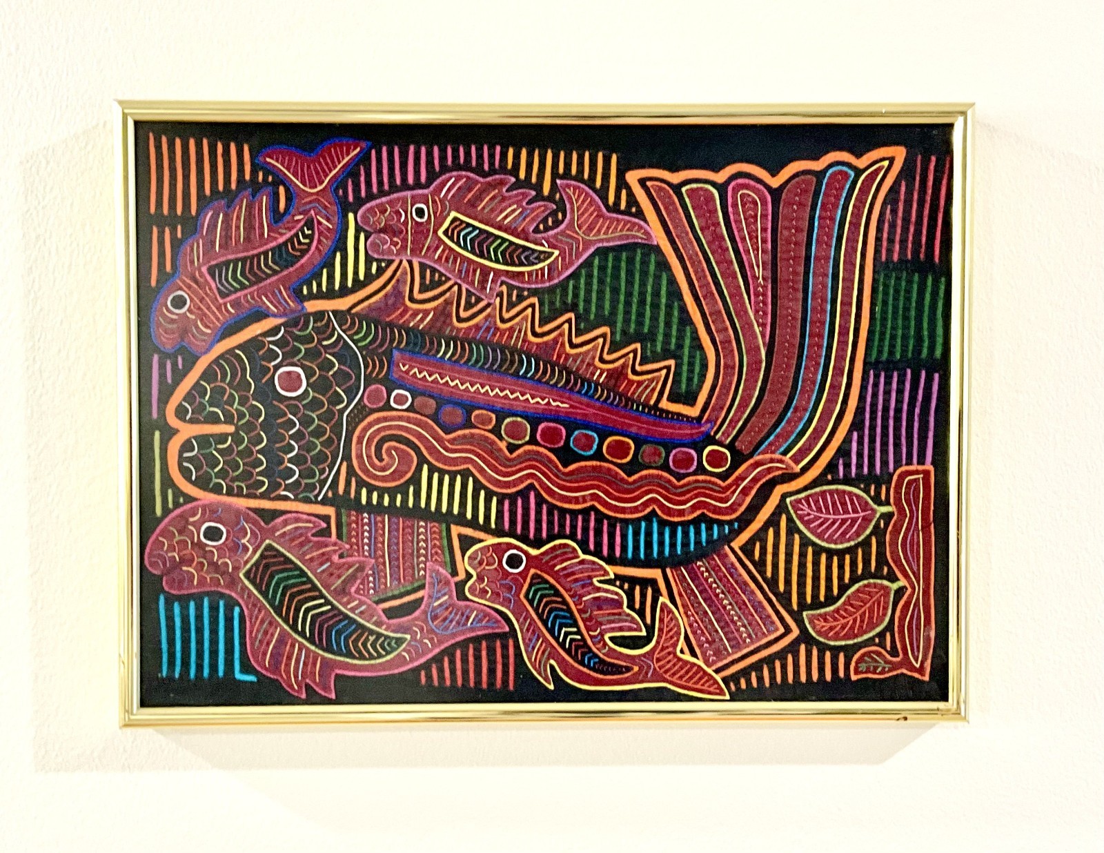 Vintage Framed Panama Kuna Mola Textile Folk Art Tropical Fish Gold Frame 16x12
