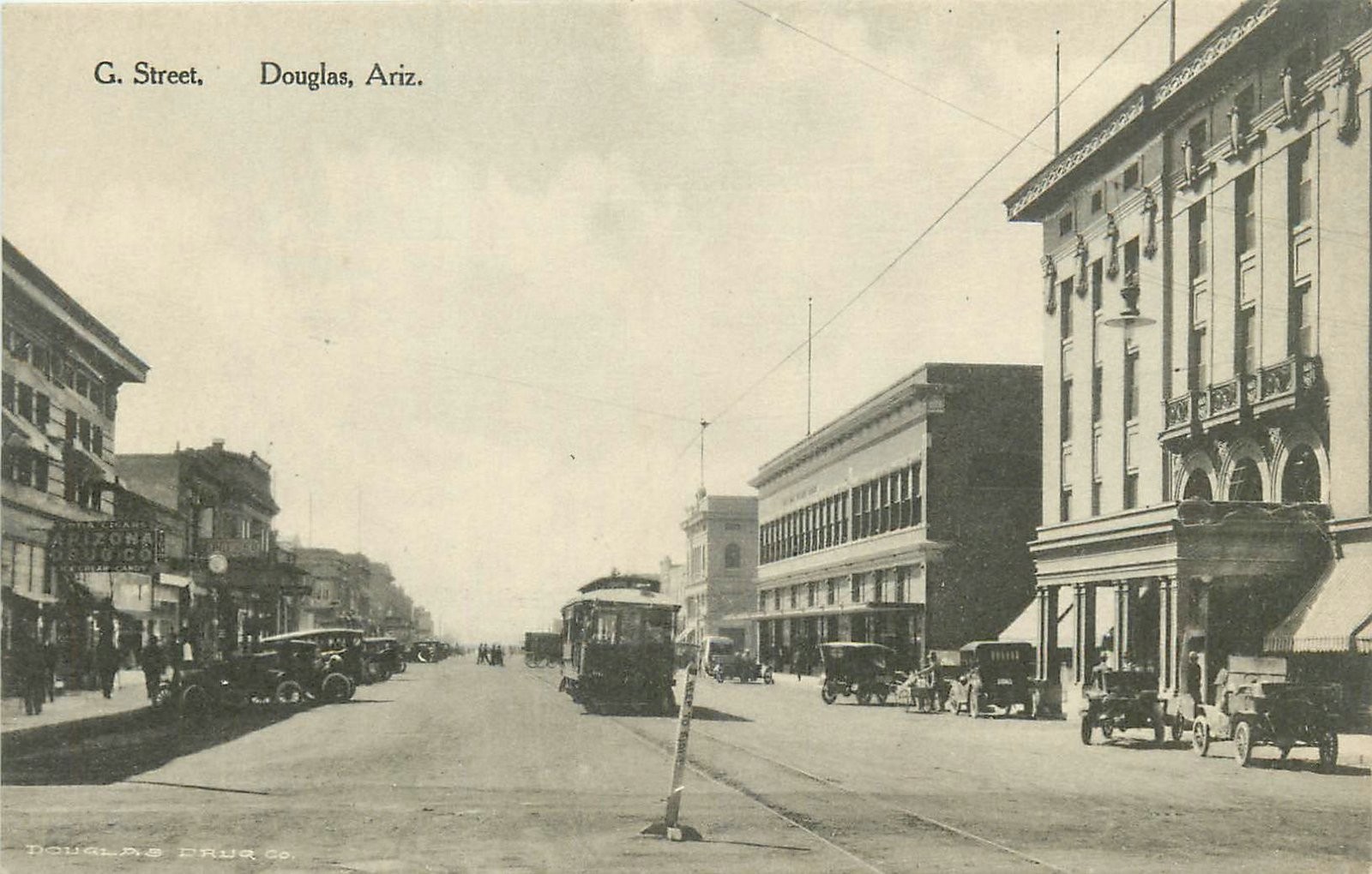 C1910 Douglas Arizona C St, autos Trolley occupation Albertype Postcard 25-8824