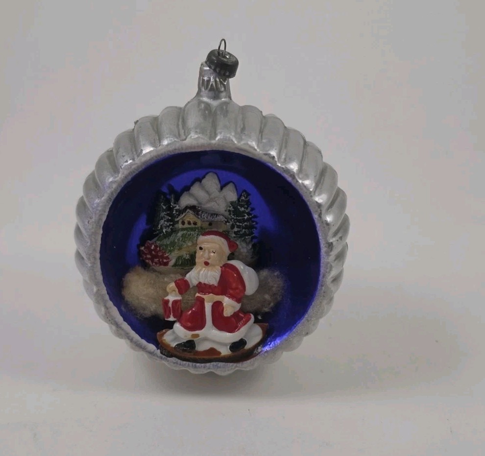 Vtg Santa Sack Diorama Ribbed Reflector Glass Christmas Ornament Italy 1960s