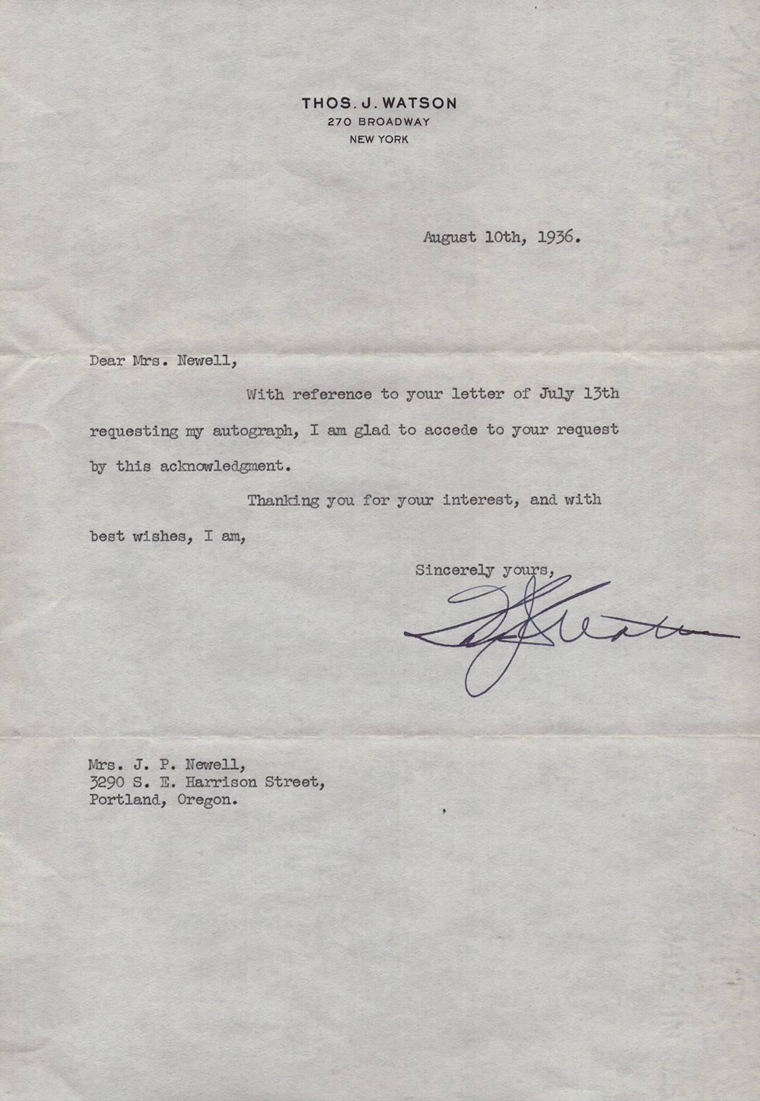 THOMAS J. WATSON SR. - TYPED LETTER SIGNED 08/10/1936