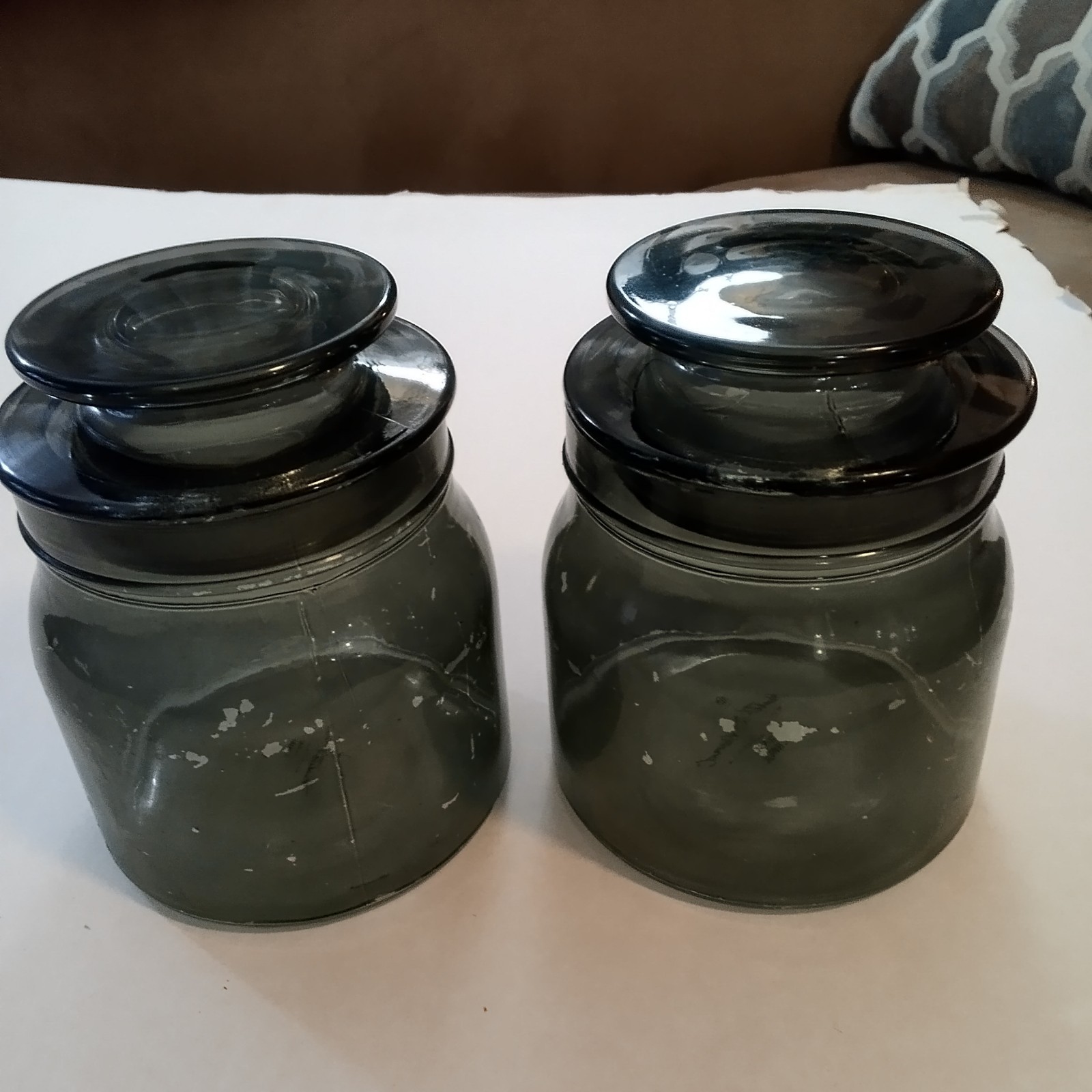 Two Matching Light Green Glass Canisters 5.5 In Tall Each Weighs Over 1 lb.