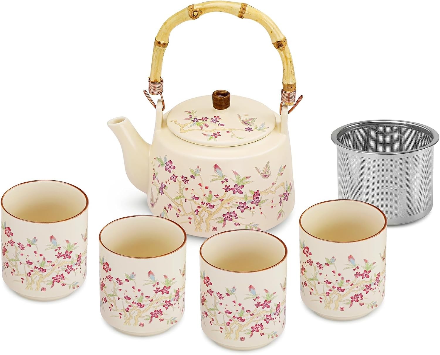 Fanquare Japanese Ceramic Tea Set 17oz Teapot Infuser 4 Cups Floral Bamboo Fanquare Japanese Ceramic Tea Set 17oz Teapot Infuser 4 Cups Floral Bamboo
