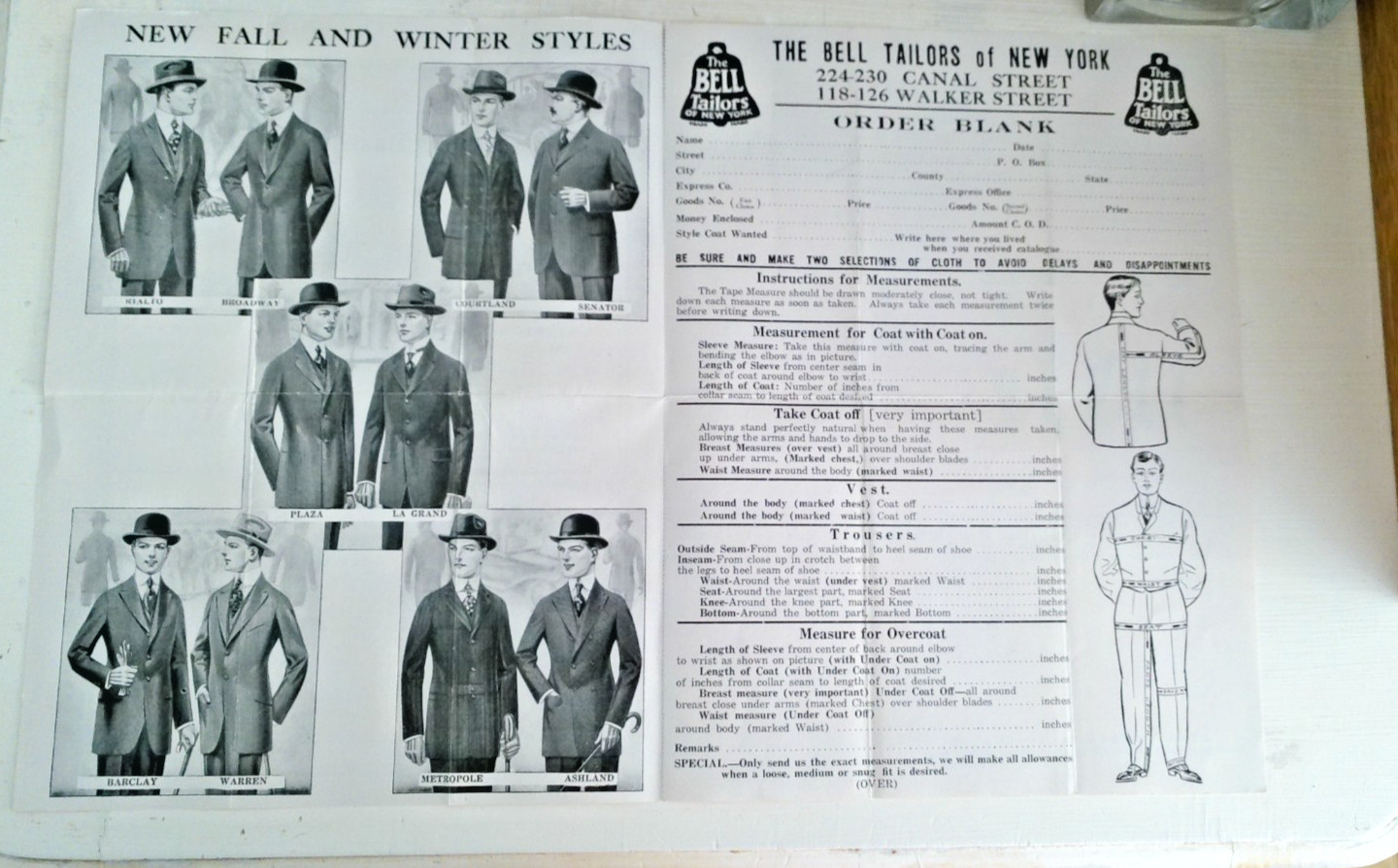 C1915 LETTERHEAD & MEASURING CHART BODY TYPES /PRICES BELL TAILORS NYC WALKER ST
