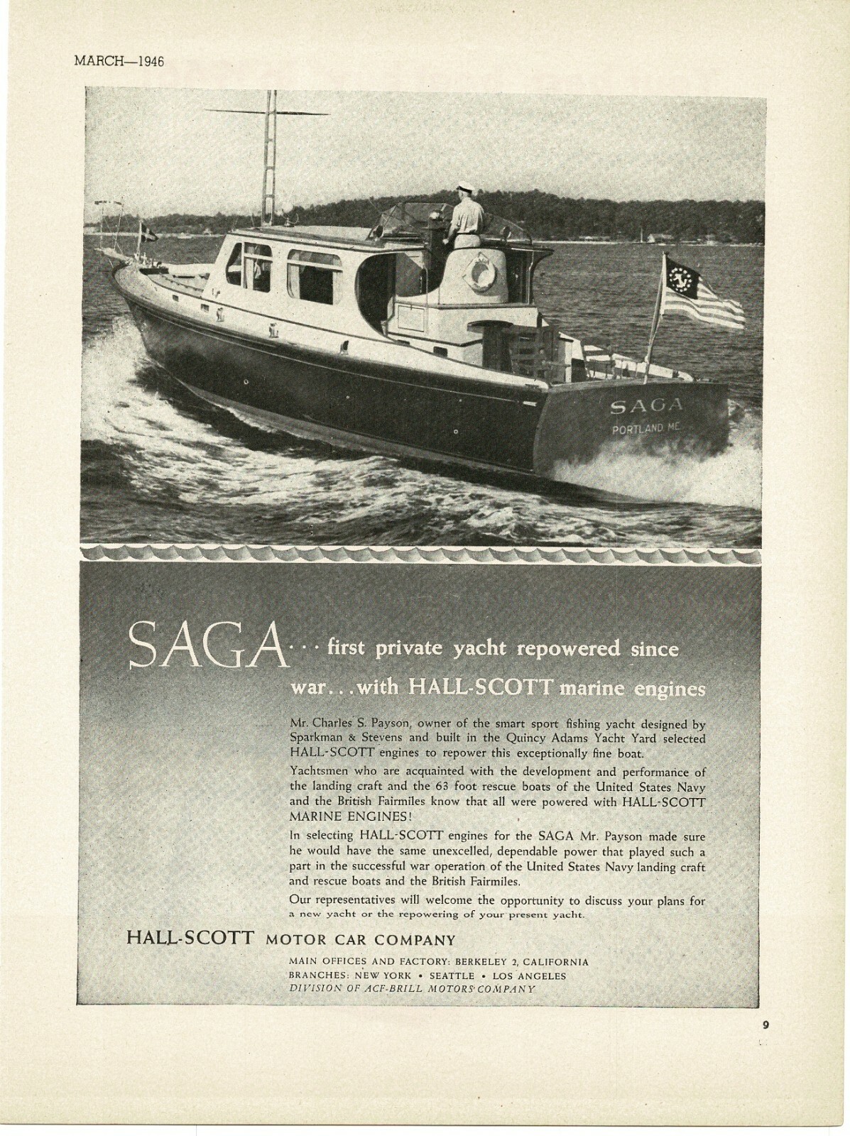 1946 HALL-SCOTT Marine Engines on Saga a sport fishing yacht Vintage Print Ad