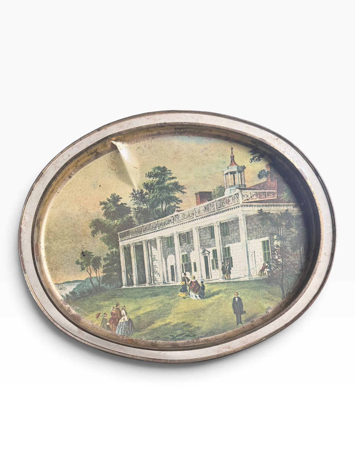 Vintage Oval Metal Serving Tray Scenic Landscape and Historic Building Print