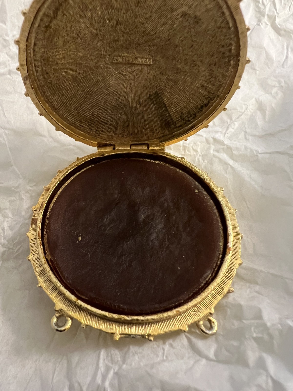 Vintage 1973 Estee Lauder, Gold w/Blue Stone, Solid Perfume Compact Necklace