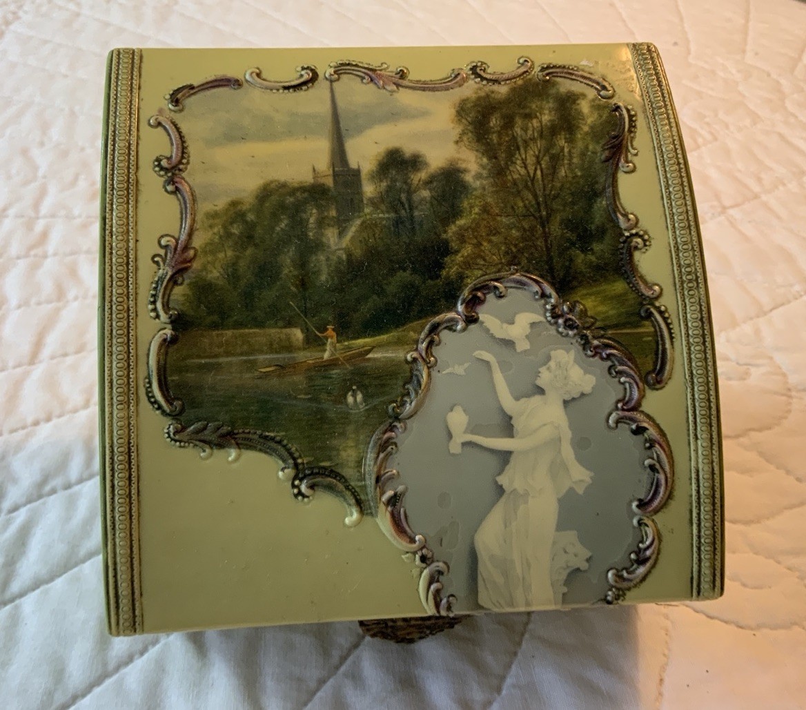 Antique Celluloid Vanity Or Hanky Box, Lady, Trees, Boat, Castle, Inside As Is