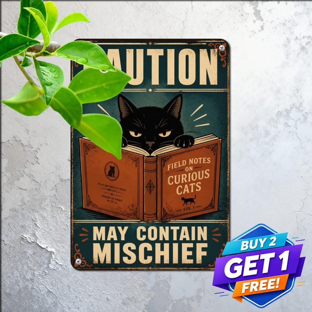 Beware Guard Cat On Duty Warning Sign Funny Feline Security Metal Tin Plaque