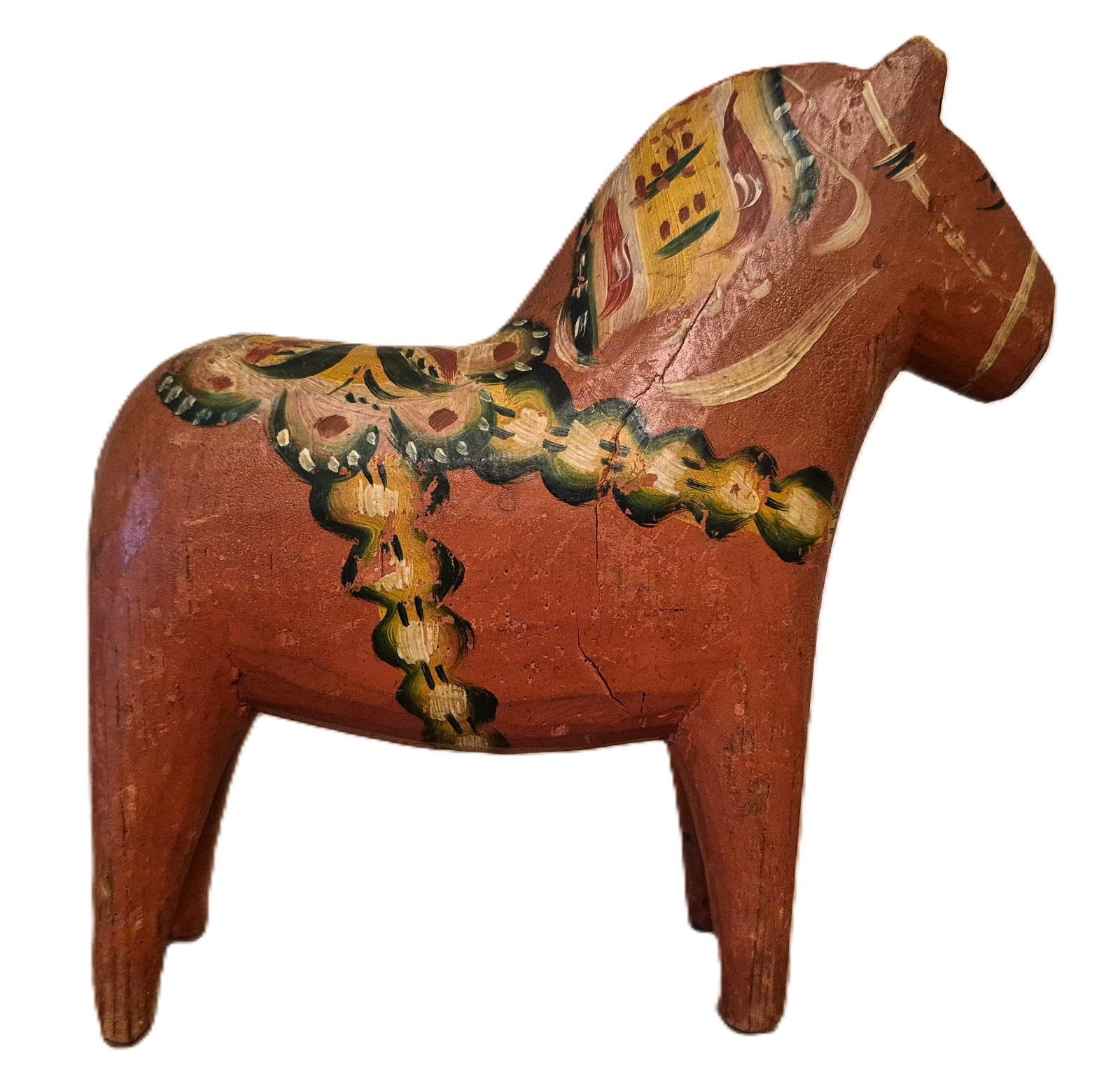 ANTIQUE Dala Horse ORANGE Swedish Folk Art Hand PAINTED Carved Patina 1900s 6\