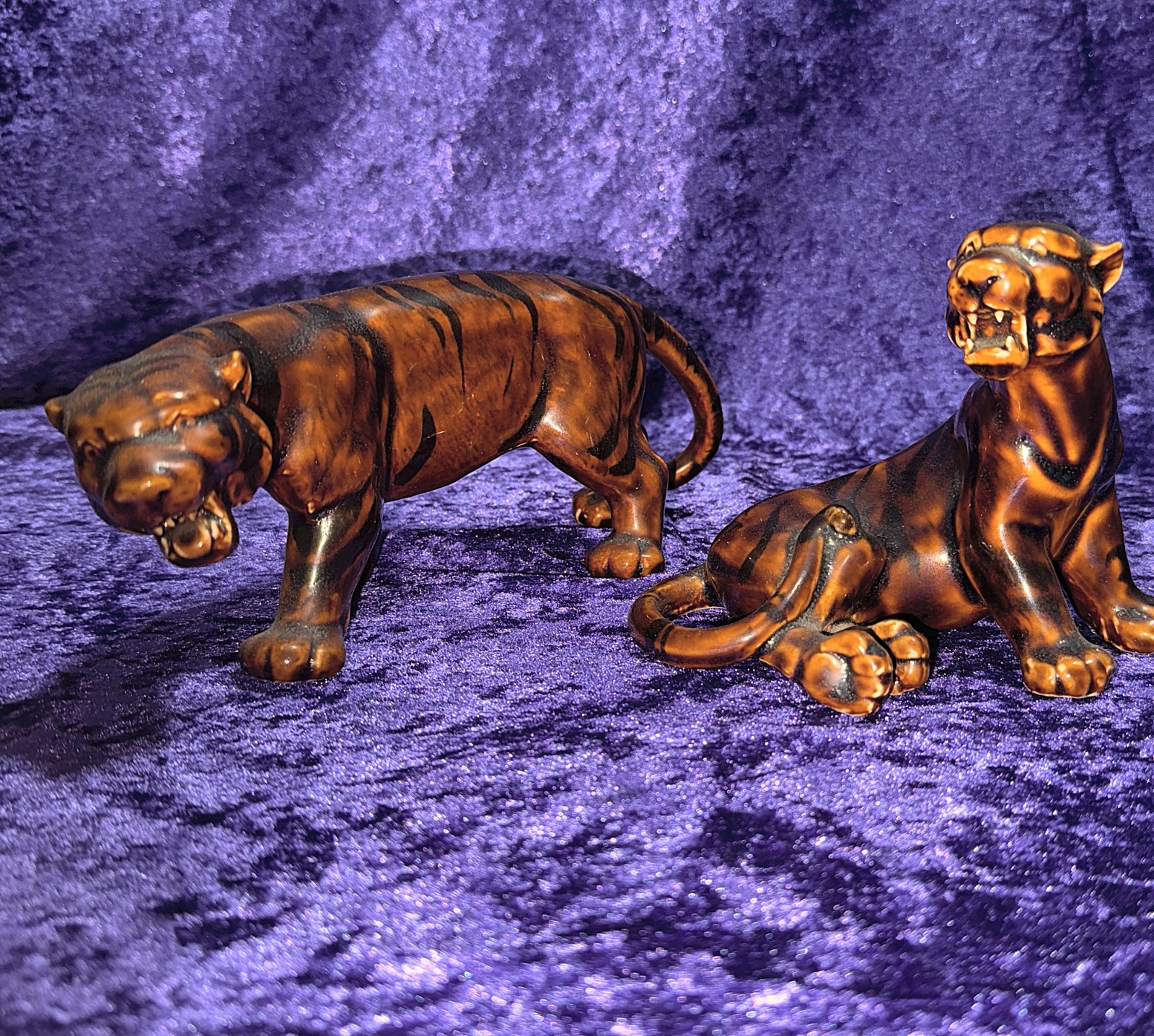 Vintage Japan Ceramic Tiger Pair Tortoiseshell Drip Glaze MCM Figurines Lot