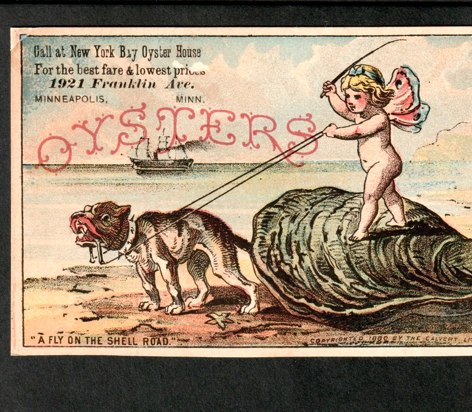 New York Bay Oyster House Minneapolis MN Fly on Shell Victorian Trade Card j.US