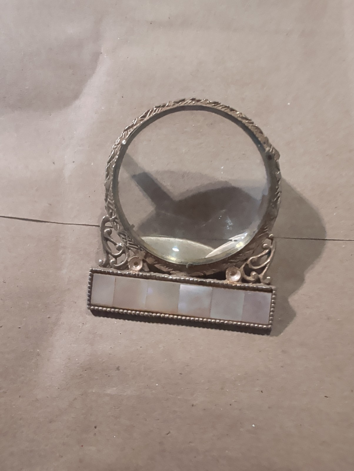 Vintage Art Deco Ormolu Pocket Watch Stand Display Holder Stamp Magnifier MOP