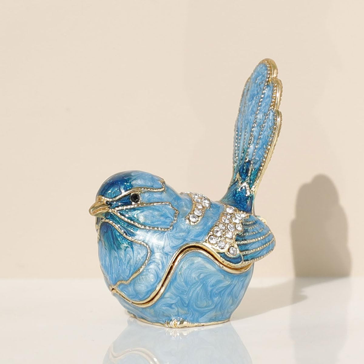 Exquisite Hand - Painted Enamel Blue Bird Trinket Box Hinged Rhinestone - Adorne