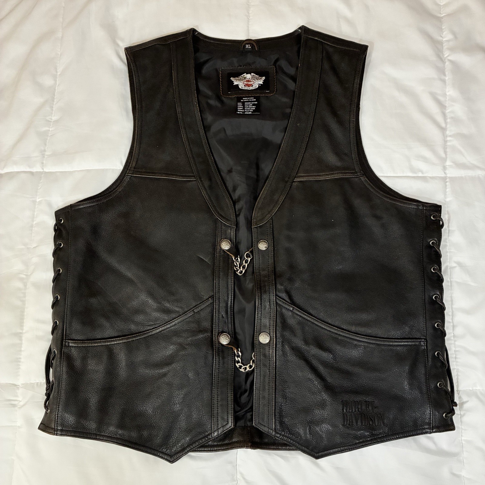 Harley-Davidson Black Genuine Leather Lace-Up Biker Vest XL HD-207 ROMP