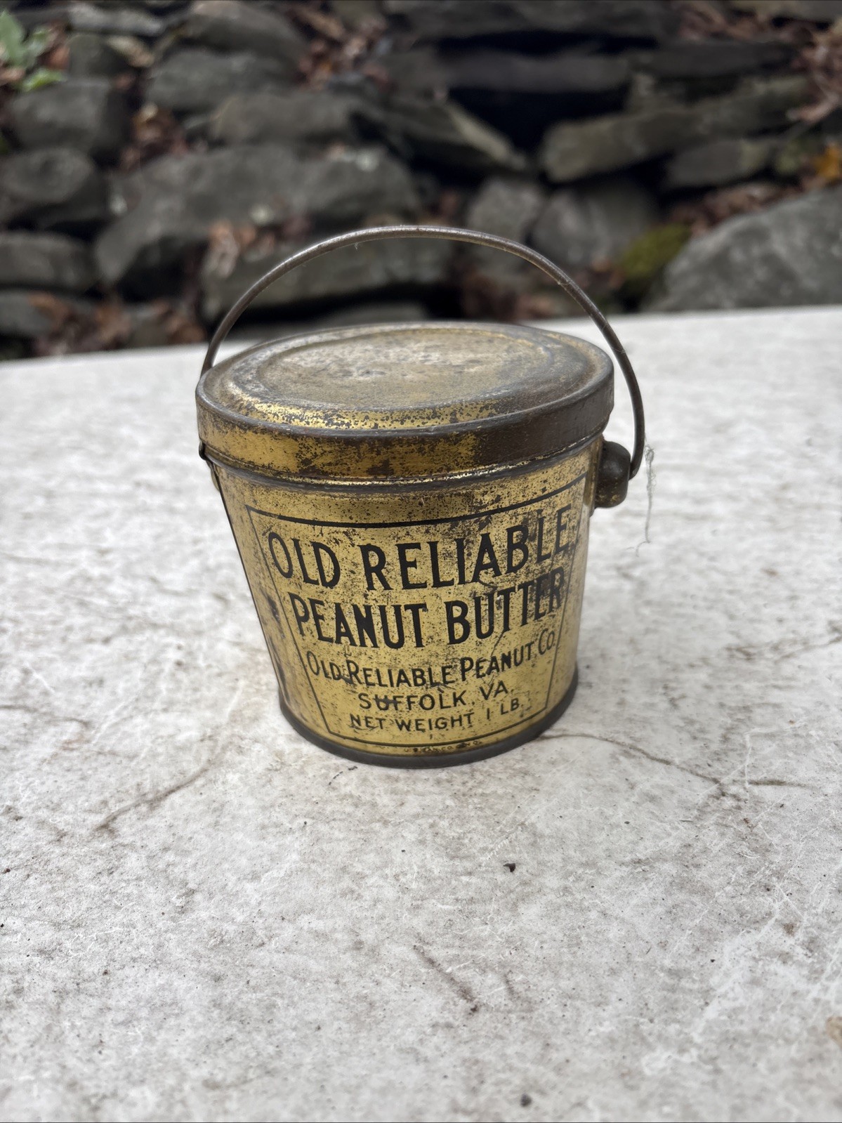 VINTAGE OLD RELIABLE PEANUT BUTTER Co. 1 LB ADVERTISING TIN BUCKET Suffolk, Va