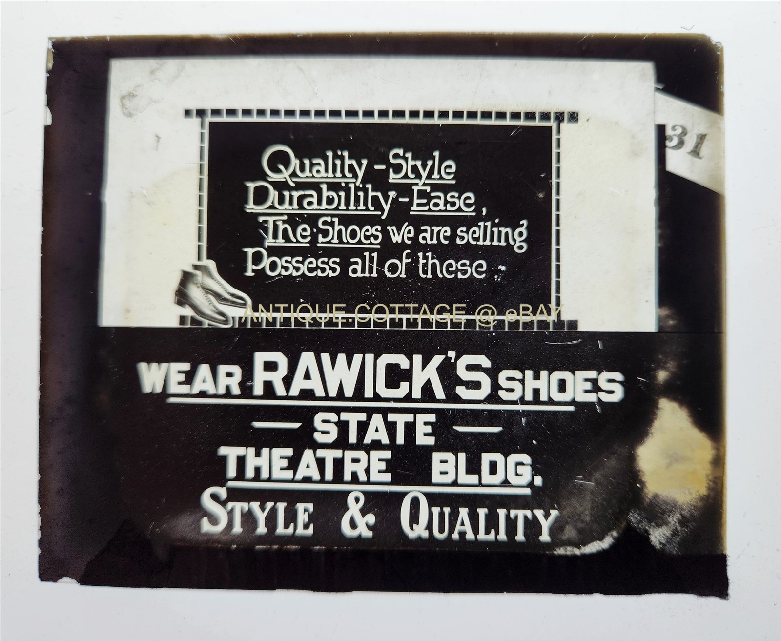 antique MAGIC LANTERN GLASS SLIDE ad RAWICKS SHOES west grove pa theater oxford