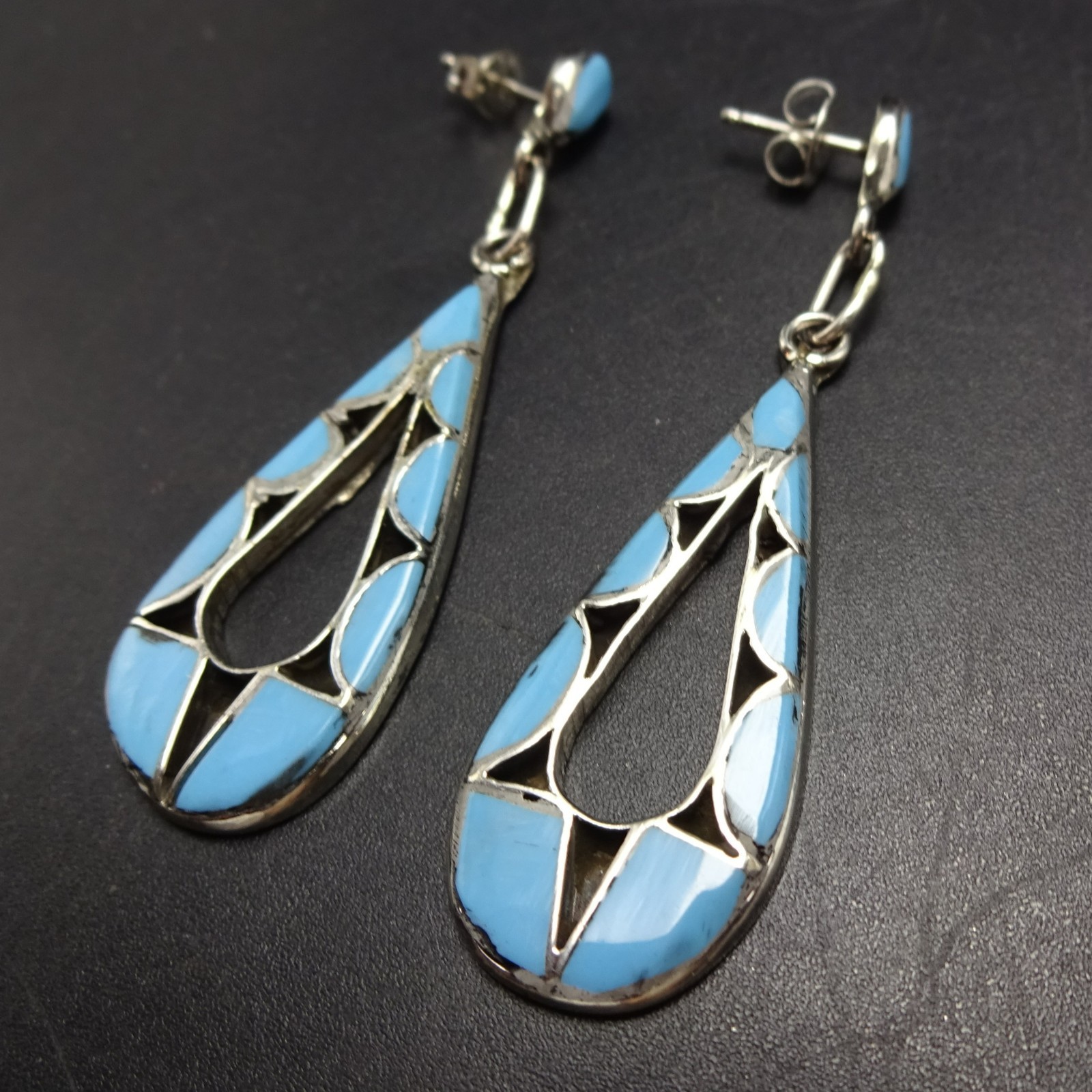 LOVELY Signed ZUNI Flush Flat Inlay TURQUOISE Sterling Silver EARRINGS Pierced