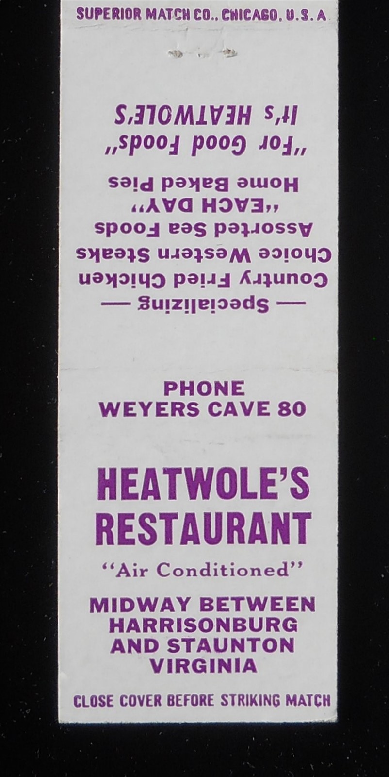 1960s Heatwole's Restaurant Country Fried Chicken Pies Phone 80 Weyers Cave VA