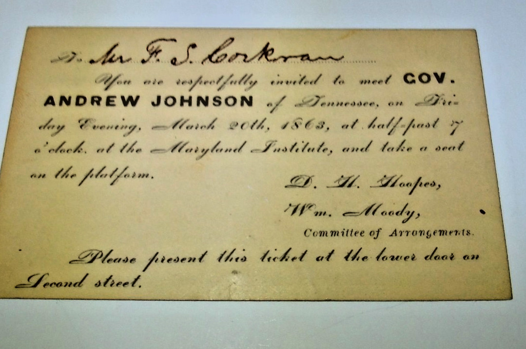 Gov. Andrew Johnson Begins Campaign in Maryland to be Lincoln’s VP March 20 1863