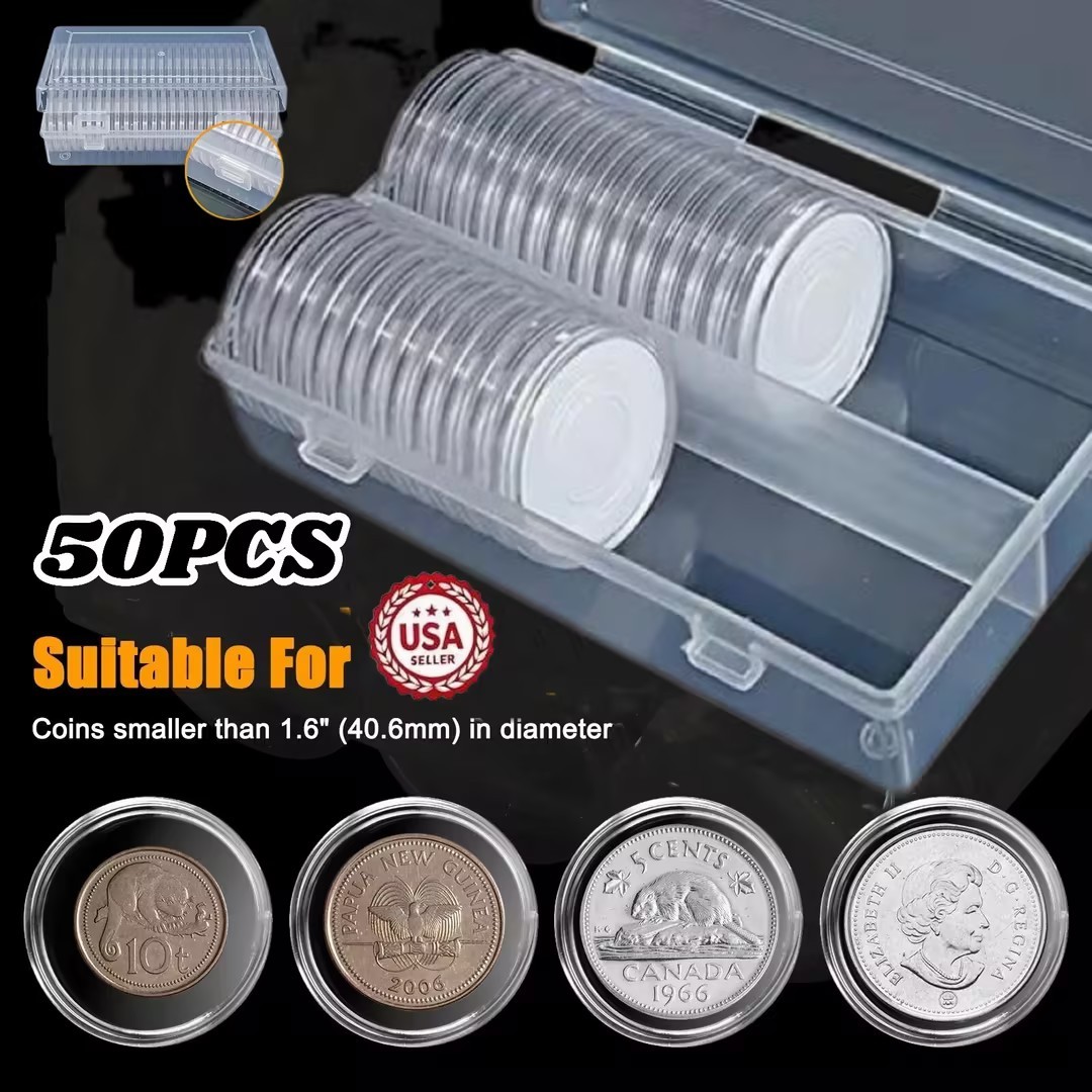 Clear 50 Pcs Acrylic Coin Capsules with Storage Box for Silver Eagle Round Coins