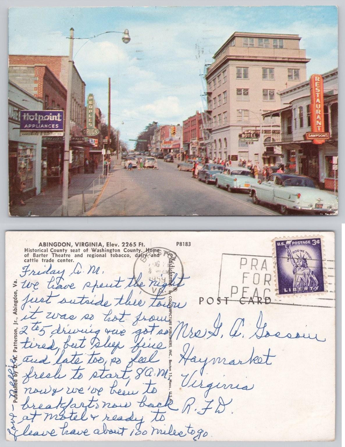 Abingdon Virginia Main Street 1954 Chrome Postcard Hotpoint Sampson's Restaurant