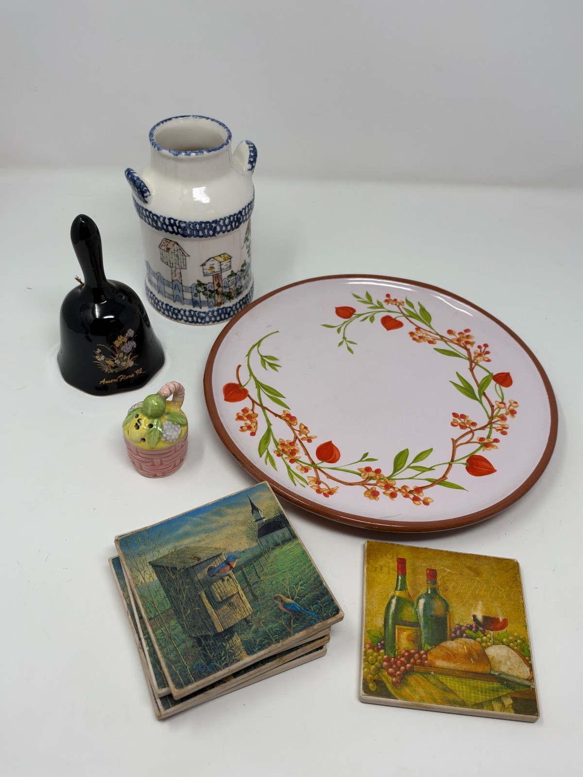 Vintage Country Cottage Decor Lot 9pc Karidesign Plate Milk Can Coasters Bell