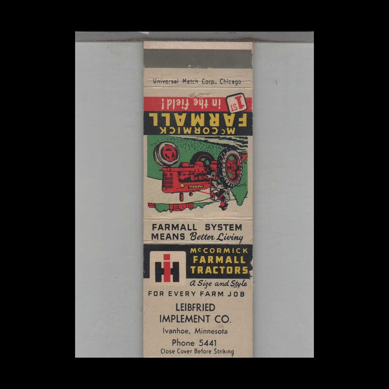 Matchbook Cover I.H. Farmall Tractors Leibfried Implement Ivanhoe MN