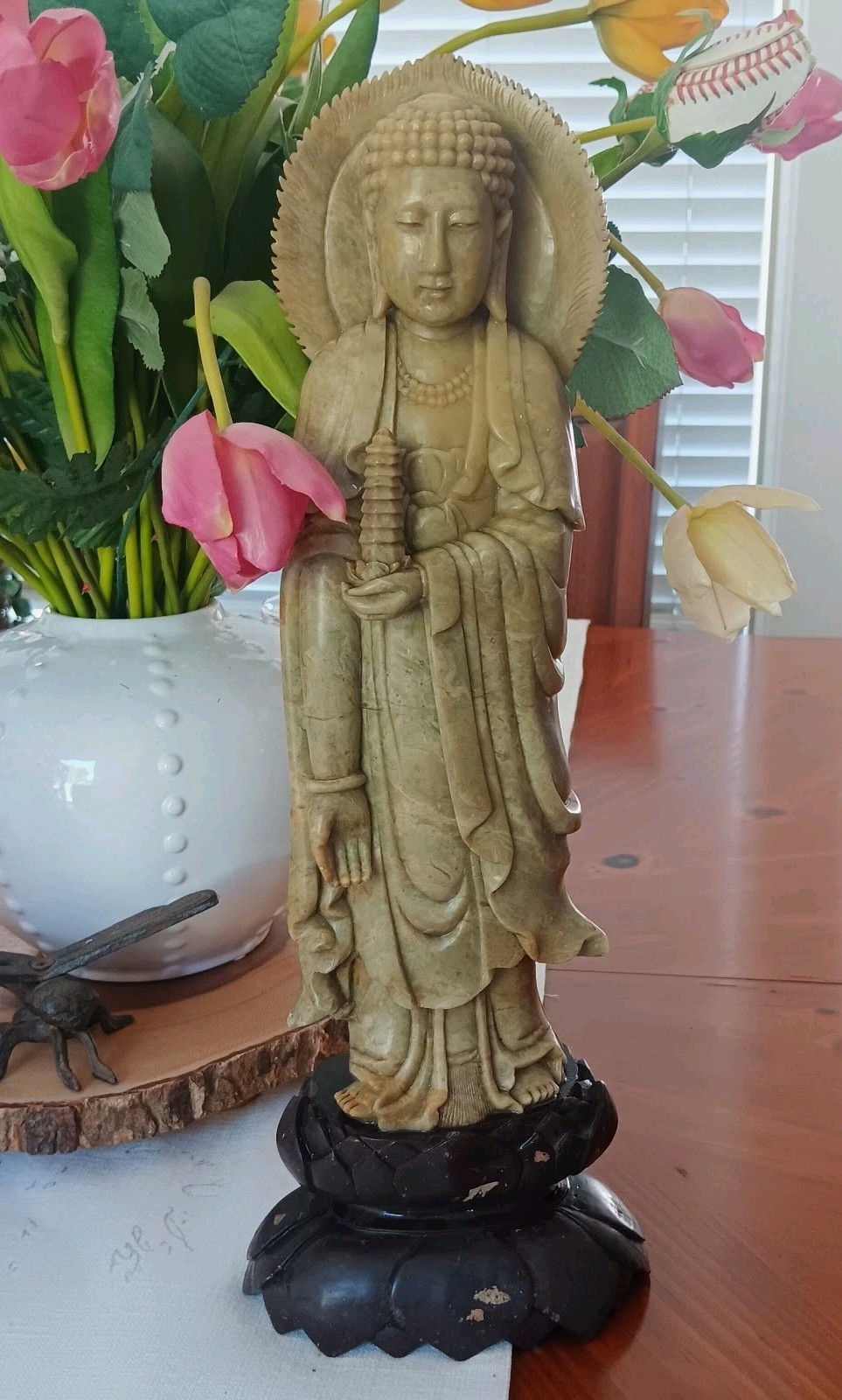VTG 1940-50s Hand Carved Stone Buddha Sculpture Statue Japan 16.25\