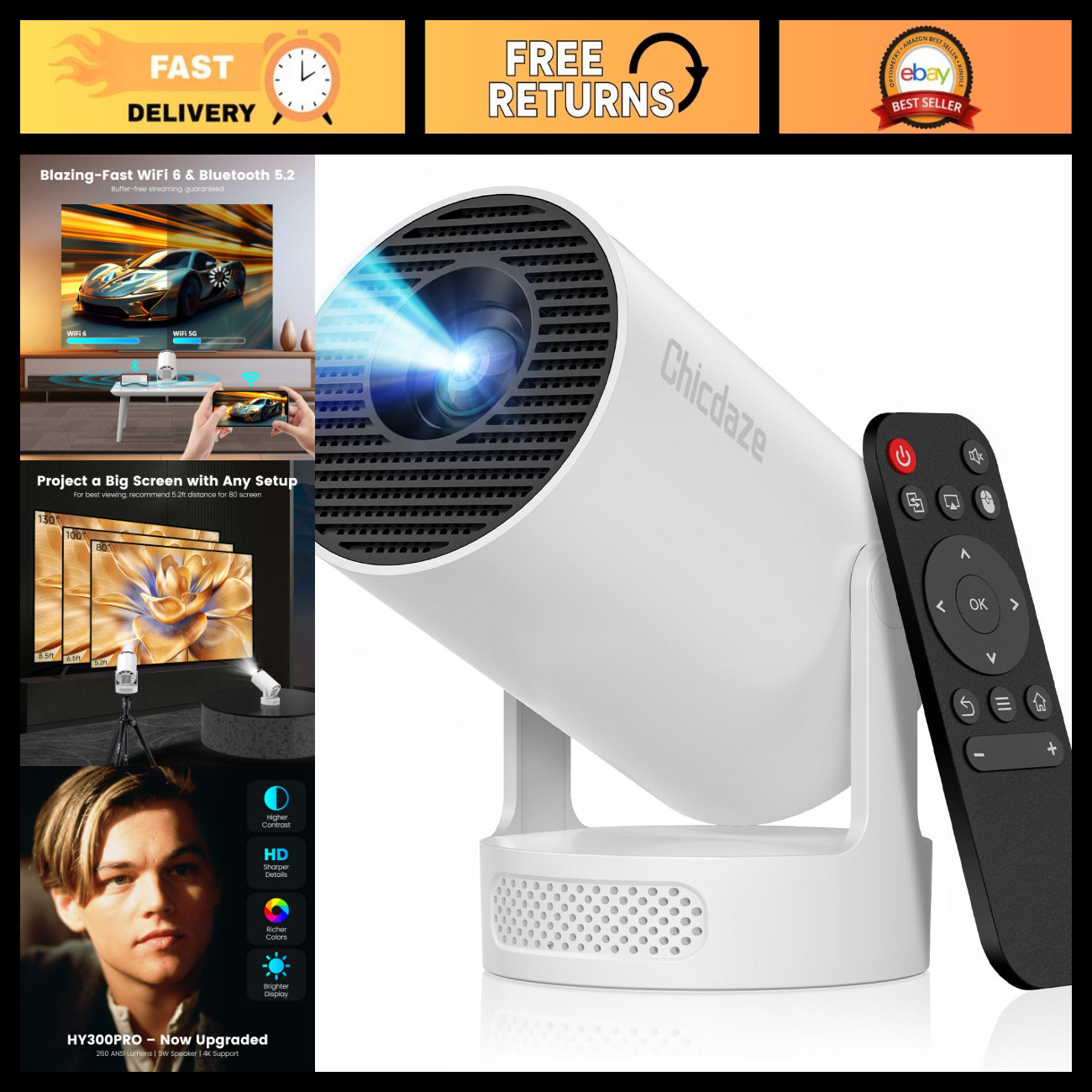 Mini Projector with WiFi and Bluetooth, Portable Projector Support 5w Soundbase