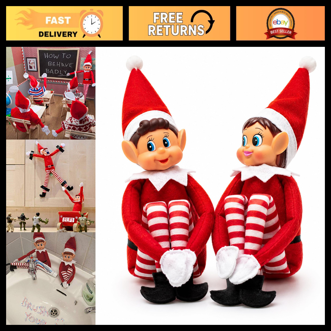 Set of 2 Playful Christmas Elf Figures - Soft Body, Vinyl Face, Naughty Holiday