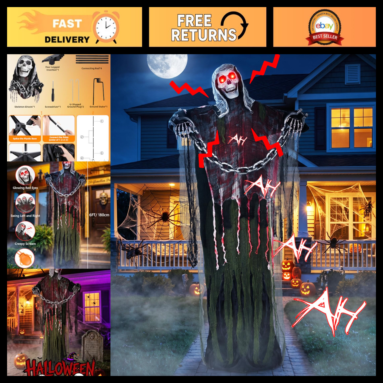 6FT Life-Size Animated Halloween Decor - Spooky Outdoor Animatronics Prop