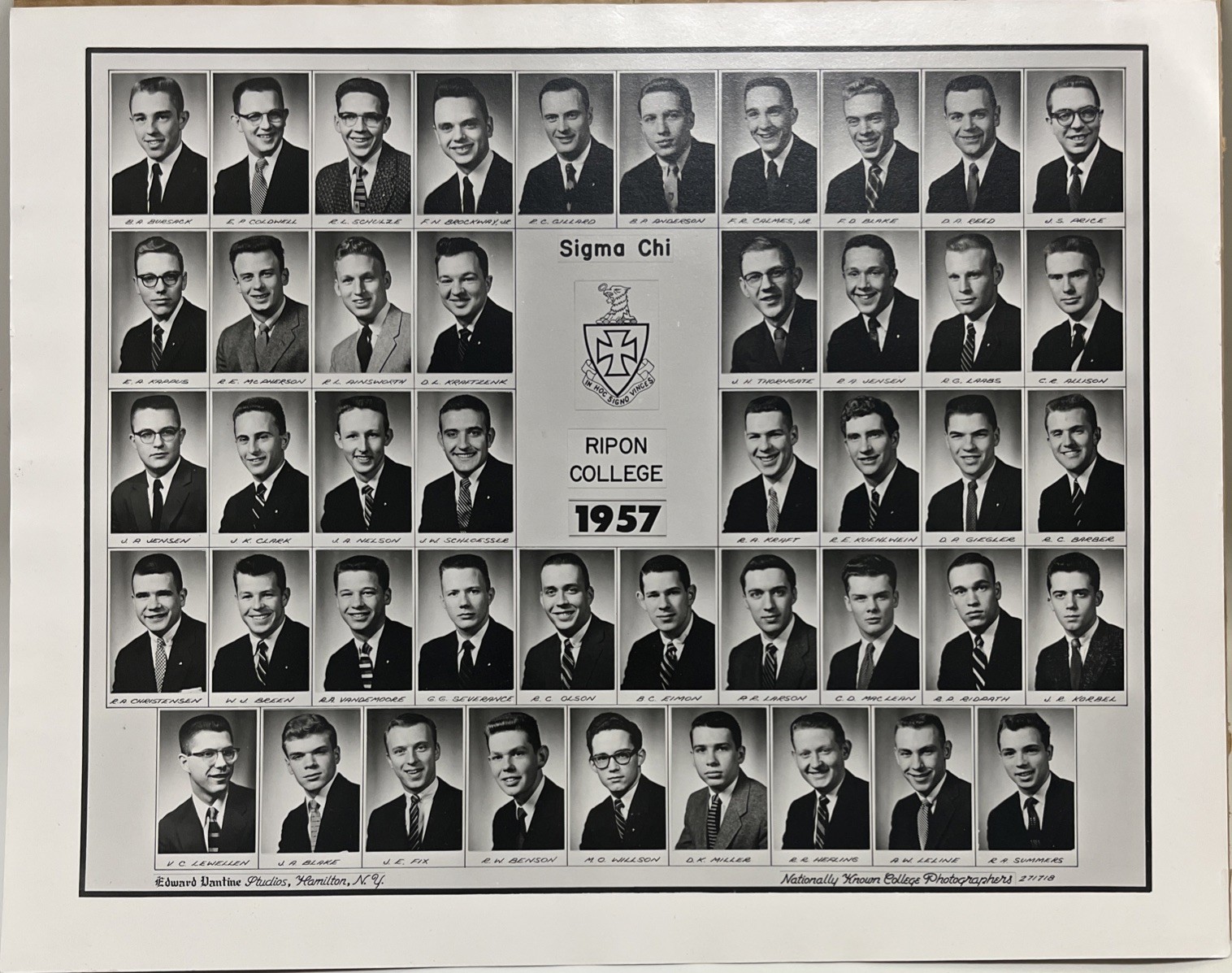 Vintage 1957 Sigma Chi Ripon College Fraternity Members Photograph
