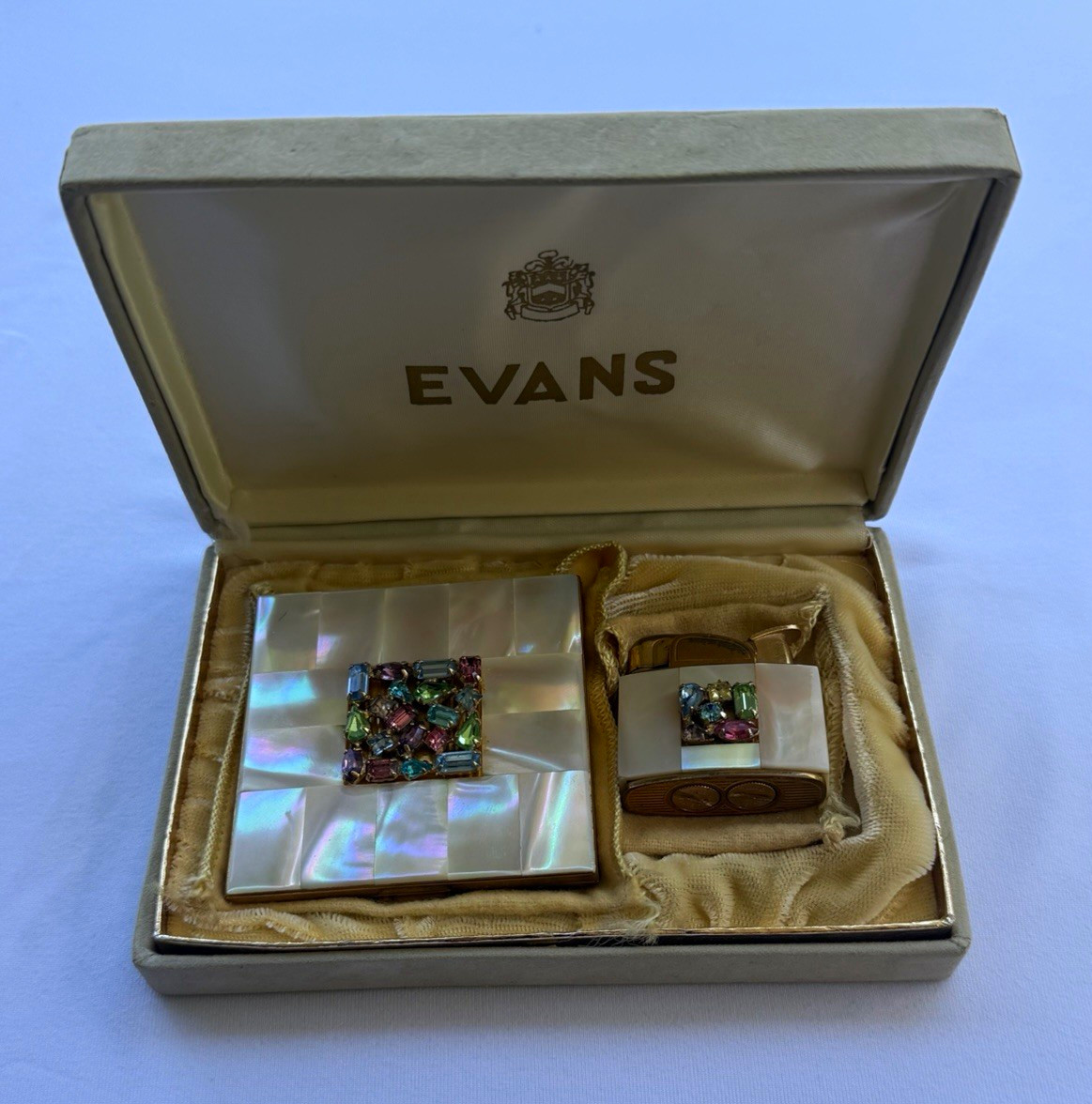 Vintage Evans USA Mother of Pearl Rhinestone Compact & Lighter Set w/ Box 1950s