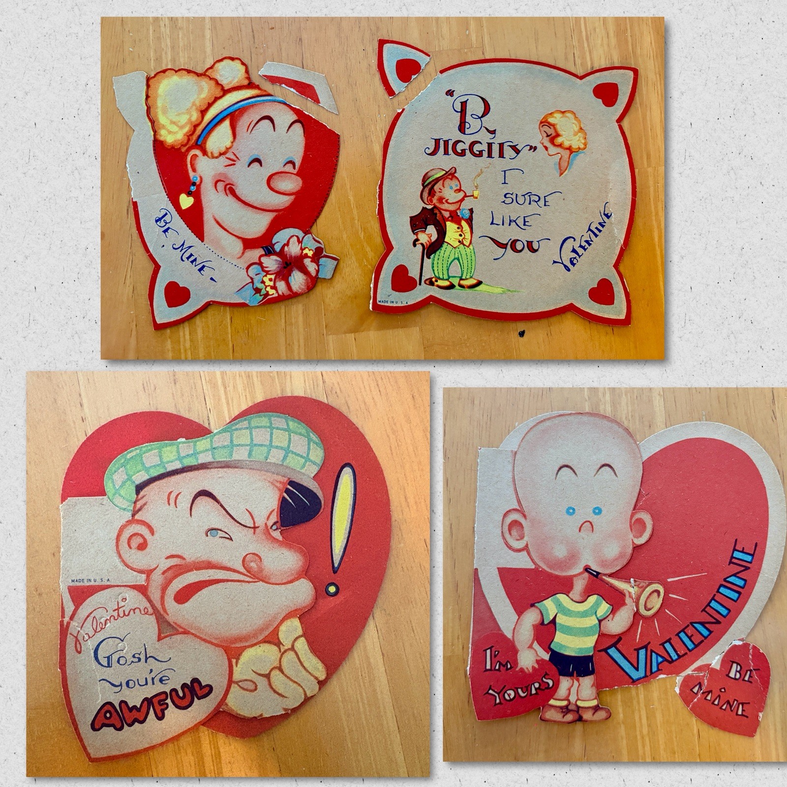 THREE Vintage Comic Characters Valentines Popeye Maggie & Jiggs Henry *as is*   