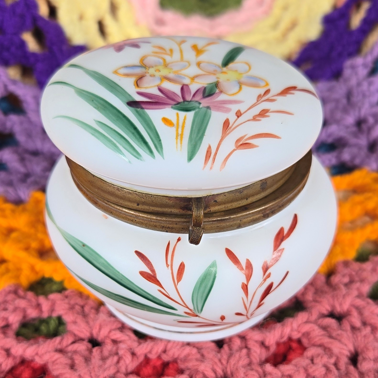 Antique Hand-Painted Opaline Milk Glass Hinged Powder Box / Trinket Jar