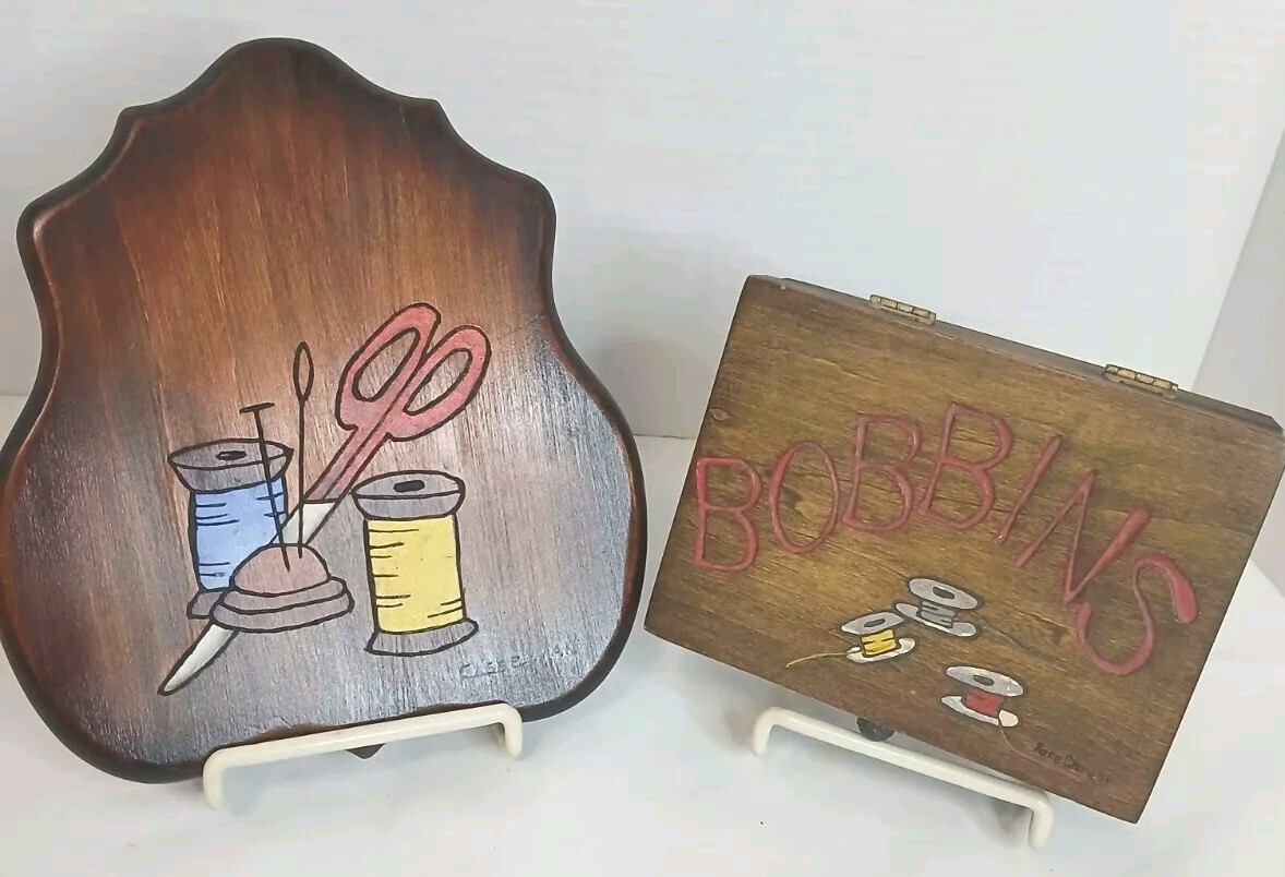 Vintage Handcrafted Sewing Wood Bobbin /Scissor Plaque & Wood Bobbins Box Brown