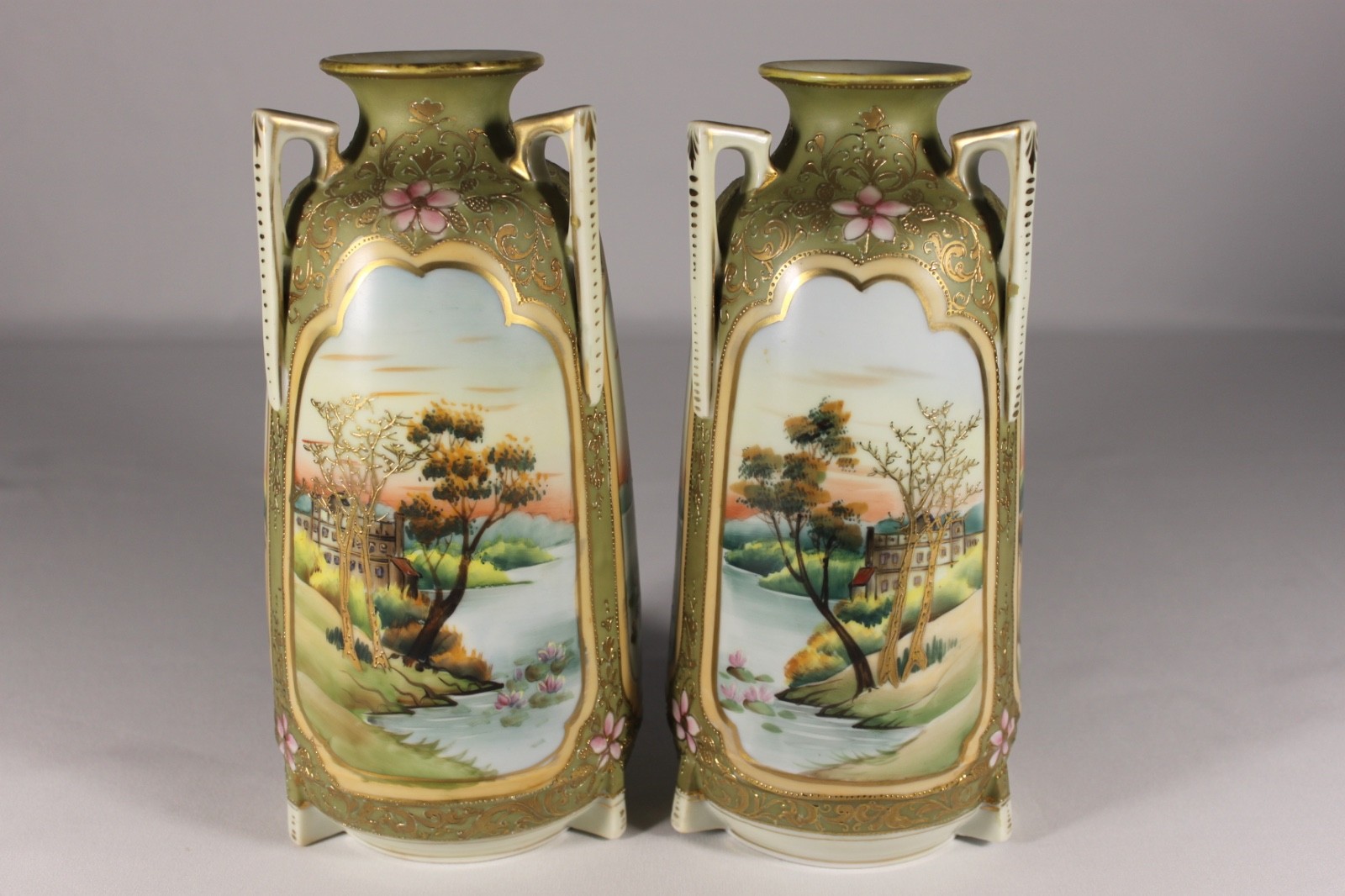 Matched pair of authentic antique Nippon porcelain vases 9 3/4 \